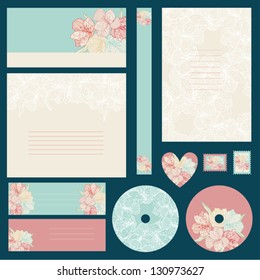 Set of wedding invitations with flowers background.