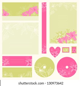 Set of wedding invitations with flowers background.
