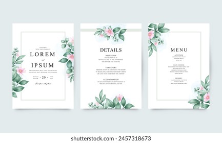 Set of wedding invitations with flowers and leaves