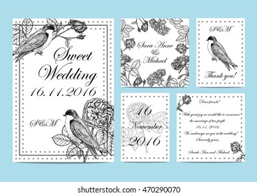 Set of wedding invitations to garden roses and birds. Handmade. Illustration with flowers and swallows.