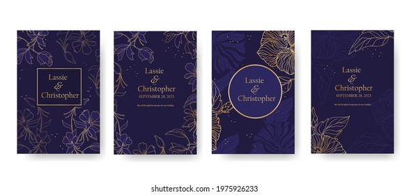 A set of wedding invitations with gold accents on a dark blue background. Invitation with floral decor and text frame. Modern RSVP greeting card design with natural design elements. EPS10.