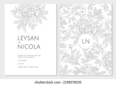Set of wedding invitations. Graphic contour peonies. Hand drawn floral pattern.