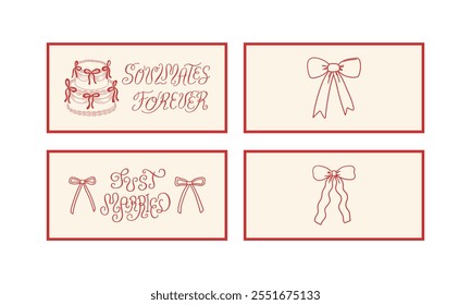 Set of wedding invitations and greeting card with hand drawn lettering and cakes with bows. Vector illustration of calligraphy quote and ribbons. Soulmates forever and just married phrases