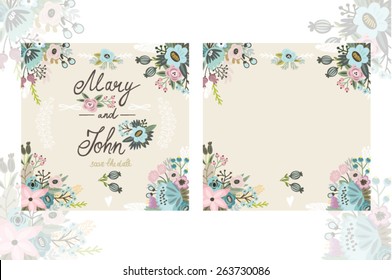 Set of wedding invitations and greeting card. Lovely templates in pastel colors.
