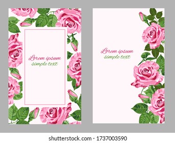 Set of wedding invitations or greeting cards with vector pink roses and place for text on the rectangle frame