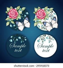 Set of wedding invitations or greeting cards with rose and tropical butterfly. Watercolor hand drawing. Vector illustration