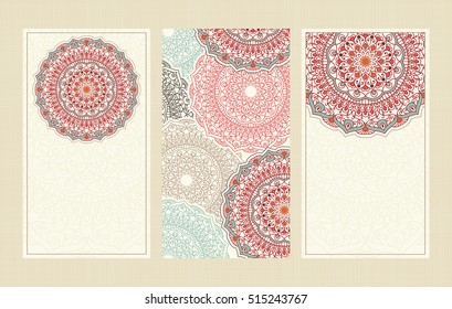 Set of wedding invitations or greeting cards with colorful mandala on beige background. Business card. Vintage decorative elements. Islam, Arabic, Indian, turkish, pakistan, chinese, ottoman motifs