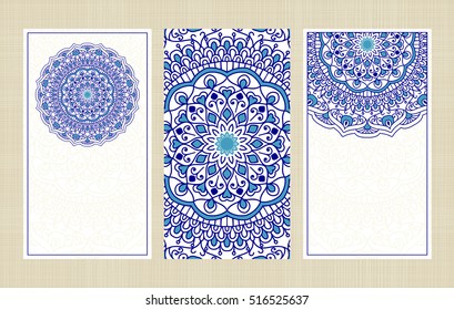 Set of wedding invitations or greeting cards with traditional round Turkish ornament Business card. Vintage decorative elements. 