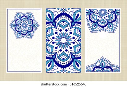 Set of wedding invitations or greeting cards with traditional round Turkish ornament Business card. Vintage decorative elements. 
