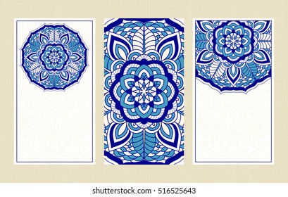 Set of wedding invitations or greeting cards with traditional round Turkish ornament Business card. Vintage decorative elements. 