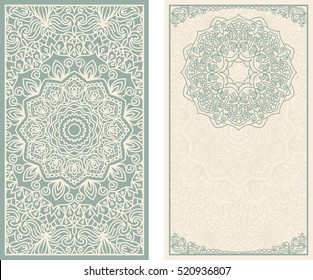 Set of wedding invitations or greeting cards with floral mandala in green and beige. Business card. Vintage decorative elements. 