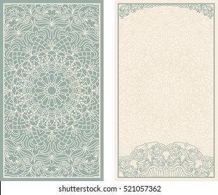 Set of wedding invitations or greeting cards with floral mandala in green and beige. Business card. Vintage decorative elements. 