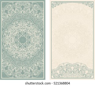 Set of wedding invitations or greeting cards with floral mandala in green and beige. Business card. Vintage decorative elements. 