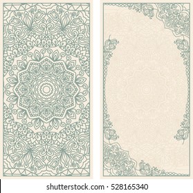 Conjunto de invitaciones a bodas o tarjetas de felicitación con Mandala floral en verde y beige. Tarjeta de presentación. Postal. Elementos decorativos de época