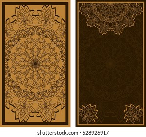Set of wedding invitations or greeting cards with floral mandala in brown. Business card. Vintage decorative elements. 