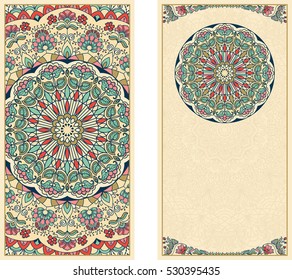 Set of wedding invitations or greeting cards with colorful floral mandala. Business card. Vintage decorative elements.Round  colorful floral ornament  Traditional Oriental pattern, vector illustration