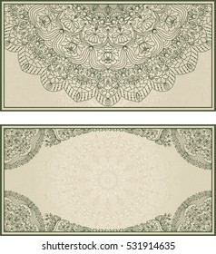 Set of wedding invitations or greeting cards with floral mandala. Business card. Postcard. Vintage decorative elements