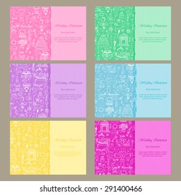 Set wedding invitations with hand drawn doodle pattern. Vector illustration for backgrounds, greeting cards, posters, invitations, web design