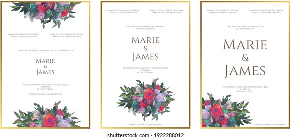 Set of wedding invitations with hand painted watercolor bridal bouquet. Floral card for wedding invitations.