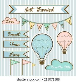 set of wedding invitations for members with balloons and signs on striped background