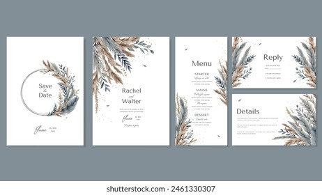 Set of Wedding Invitations, Menu, Details, RSVP with Bouquet of Pampas Grass, Dried Flowers, Leaves Hand Painted with Watercolor in rustic, boho style in blue and beige colors. Vector