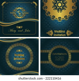 Set of wedding invitations on seamless background in a blue                   