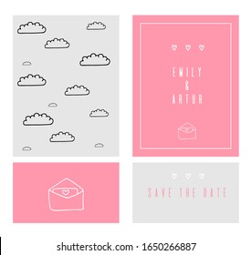 Set of wedding invitations in pastel colors. Doodle illustration. Vector. Wedding design in minimalism. Wedding Invitation Templates