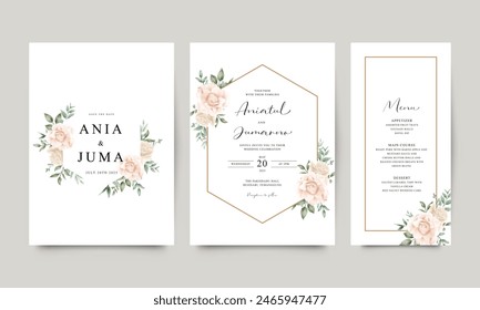 Set of wedding invitations with roses and watercolor leaves