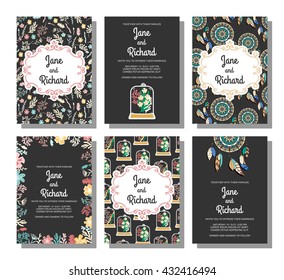 Set of wedding invitations, save the date card templates. Vector illustration on dark background. Flowers, dreamcatchers, pendants