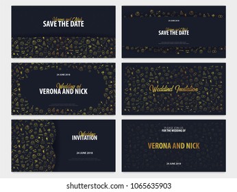 Set of Wedding Invitations tamplate with doodle elements on a background. Save the date cards. Vector illustration