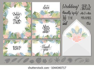 Set of wedding invitations templates with tropical leaves and flowers and hand lettering. Save the date, thank you, rsvp, love.