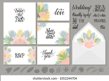 Set of wedding invitations templates with tropical leaves and flowers and hand lettering. Save the date, thank you, rsvp, love.