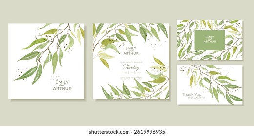 Set Wedding Invitations And Thank You Cards With Watercolour Green Leaves. Vector Templates