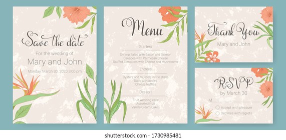 Set of wedding invitations with tropical flowers. Card Save the date, Menu, Thank you and RSVP