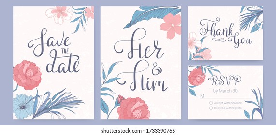 Set of wedding invitations with tropical flowers. Card Save the date, Her and Him, Thank you and RSVP