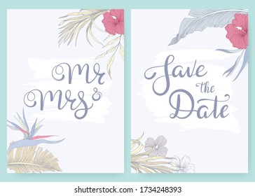 Set of wedding invitations with tropical flowers. Card Save the date, Mr and Mrs
