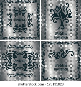 Set of wedding invitations. Vintage pattern. Vintage frame. Seamless background in silver   