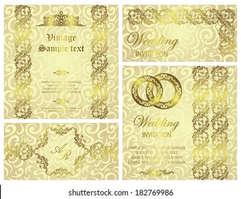 Set of wedding invitations with vintage ribbons and rings. Seamless floral wallpaper in pastel colors. Retro design     