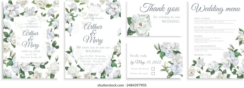 Set of wedding invitations with white gardenia flowers, rsvp, thank you cards, wedding menu