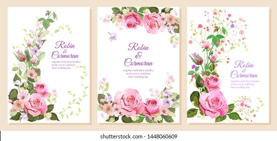 Set of wedding invites with bouquet of pink roses, gypsophile flowers, spring blossom buds, leaves. Vertical cards on white background. Botanical illustration in watercolor style, vintage, vector, A4