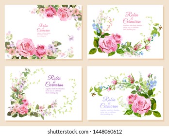 Set of wedding invites: bouquet pink roses, forget-me-nots flowers, buds, leaves, asparagus twigs. Horizontal card, white background. Botanical illustration in watercolor style, vintage, vector, A4