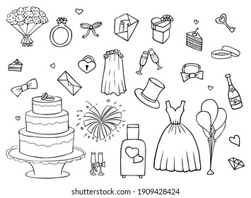 Set of wedding items, engagement and honeymoon travel items. Black and white hand-drawn isolated contour objects on white background. Doodle.