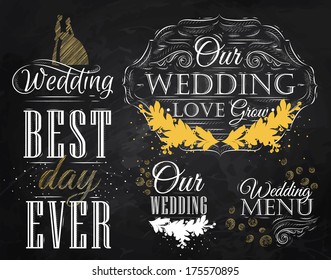 Set wedding lettering stylized drawing with chalk of gold on the blackboard.