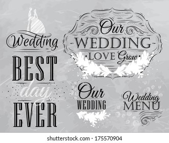 Set wedding lettering stylized drawing with coal.