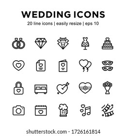 set of wedding line icons, containing ring icons, suits, dresses, balloons, mattresses, invitations, gems, flowers and more with a white background.