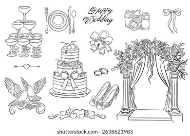 Set of wedding linear illustrations. Wedding icons of objects on the theme of marriage, wedding. Vector illustration objects - glasses, rings, arch, doves, menu, bow, invitation outline 