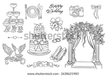 Set of wedding linear illustrations. Wedding icons of objects on the theme of marriage, wedding. Vector illustration objects - glasses, rings, arch, doves, menu, bow, invitation outline 