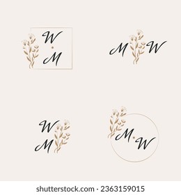 Eine Reihe von Hochzeitslogos auf Golden mit einem schönen Zweig