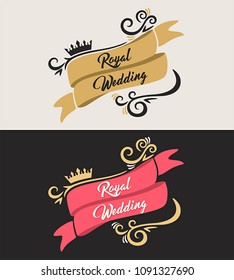 set of wedding logos. Gold and pink ribbons with the inscription: Royal wedding. Above the ribbon is a crown and decorative curls.