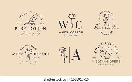 Set Wedding logos in minimal trendy style. Liner floral labels and badges - Vector Icon, Sticker, Stamp, Tag with Cotton Flower for wedding salon and bridal shop dresses